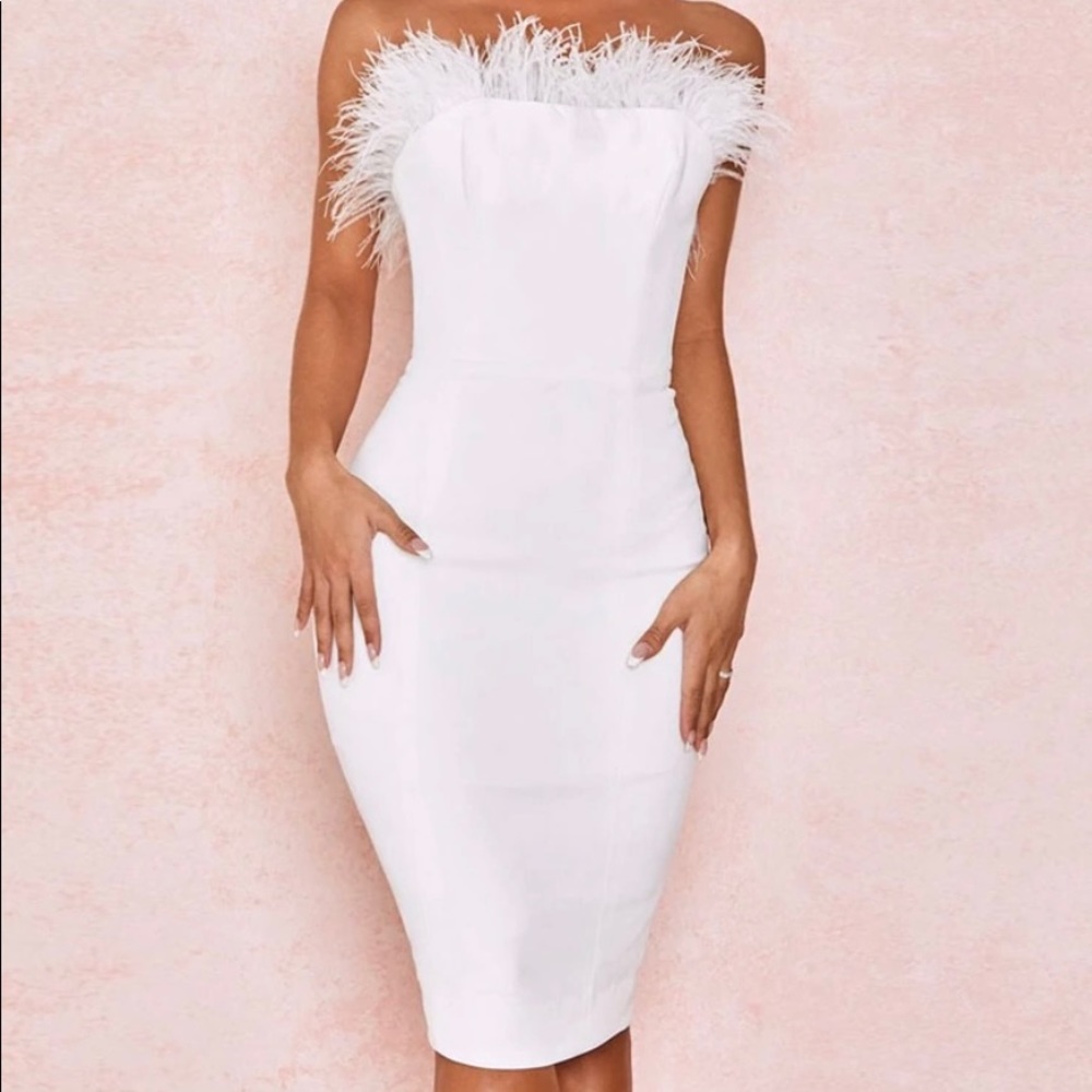 Luxedress Unique Feather Trim Strapless Bandage Midi Dress, Size: Medium, White